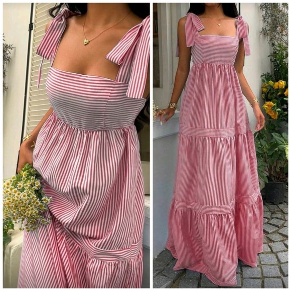 Boutique Dresses & Skirts - New Boho Striped Tie Shoulder Tiered Maxi Dress Red White